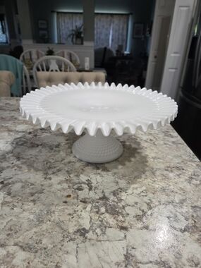 Milk Glass Fenton Hobnail Pedestal Cake Plate / Stand Ruffled Edge 13" Vintage